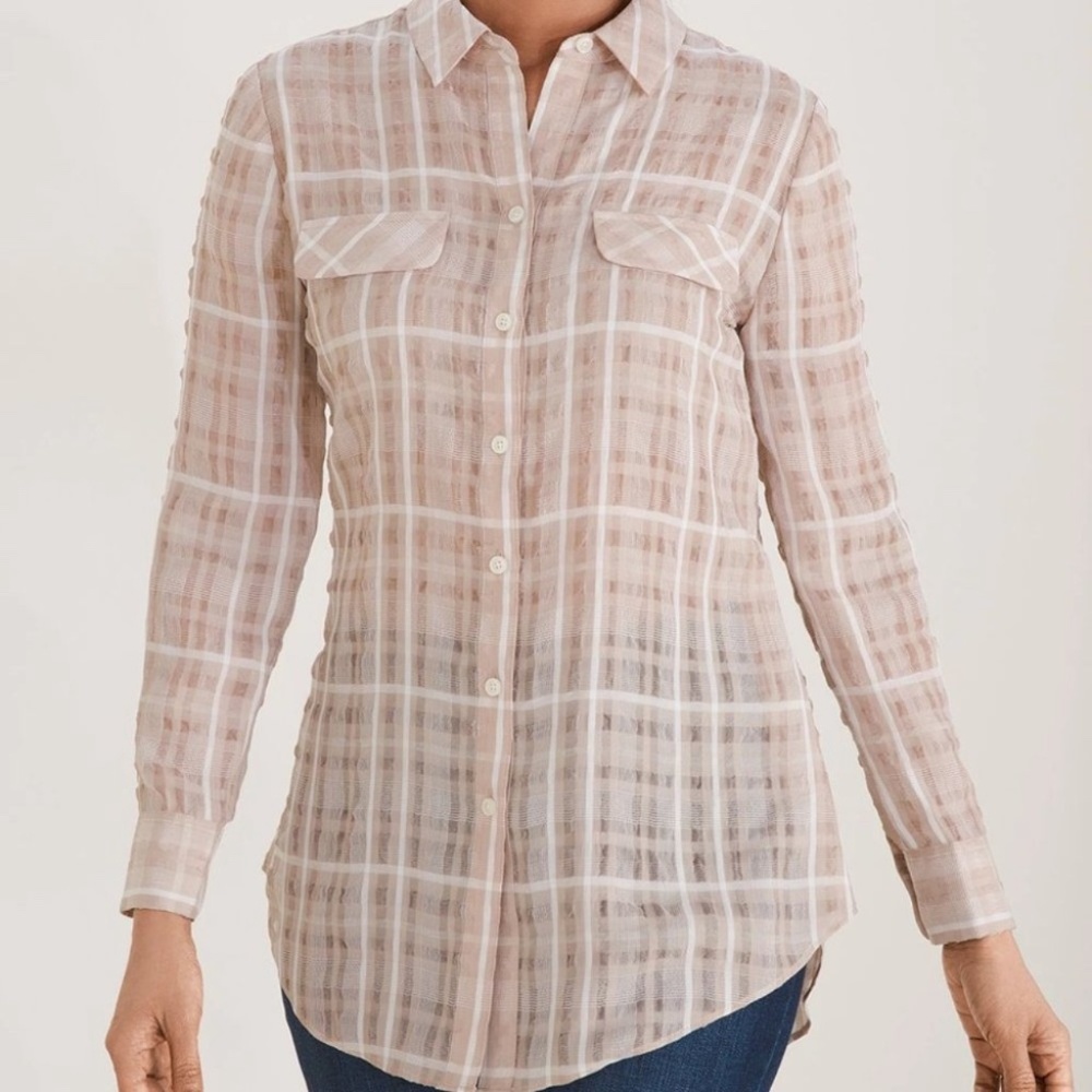 NEW Chico's Seersucker Plaid Easy Shirt M